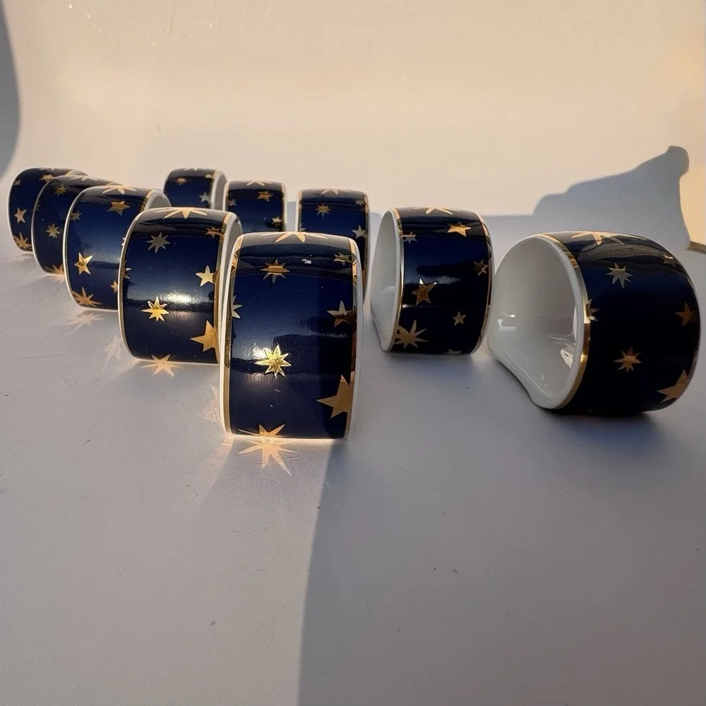 VTG 90s Sakura Napkin Rings Celestial Stars (10) Porcelain 14K Gold Night Sky